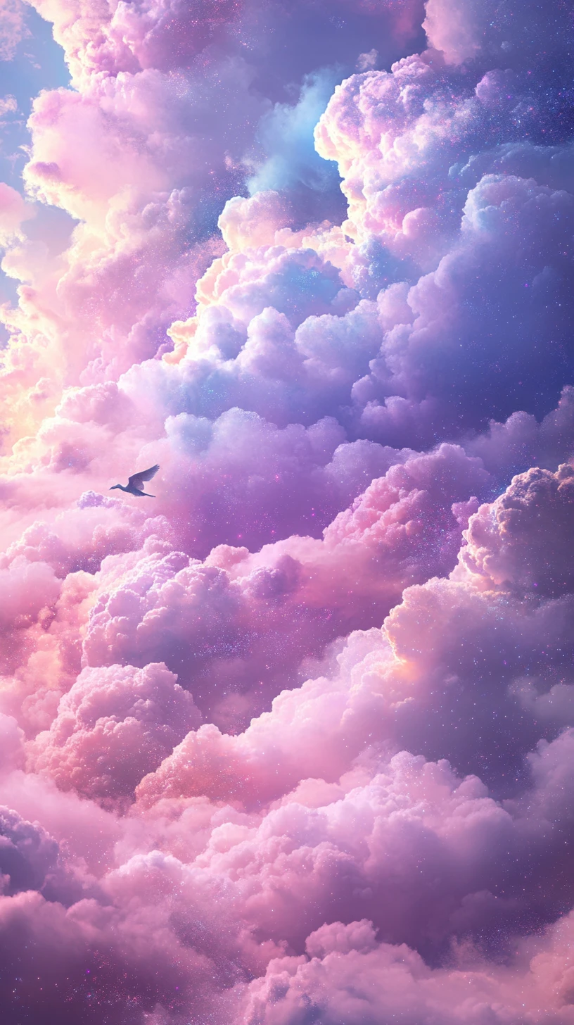 Pastellfarbener Traumhimmel mit Friedenstauben und Zuckerwattenwolken