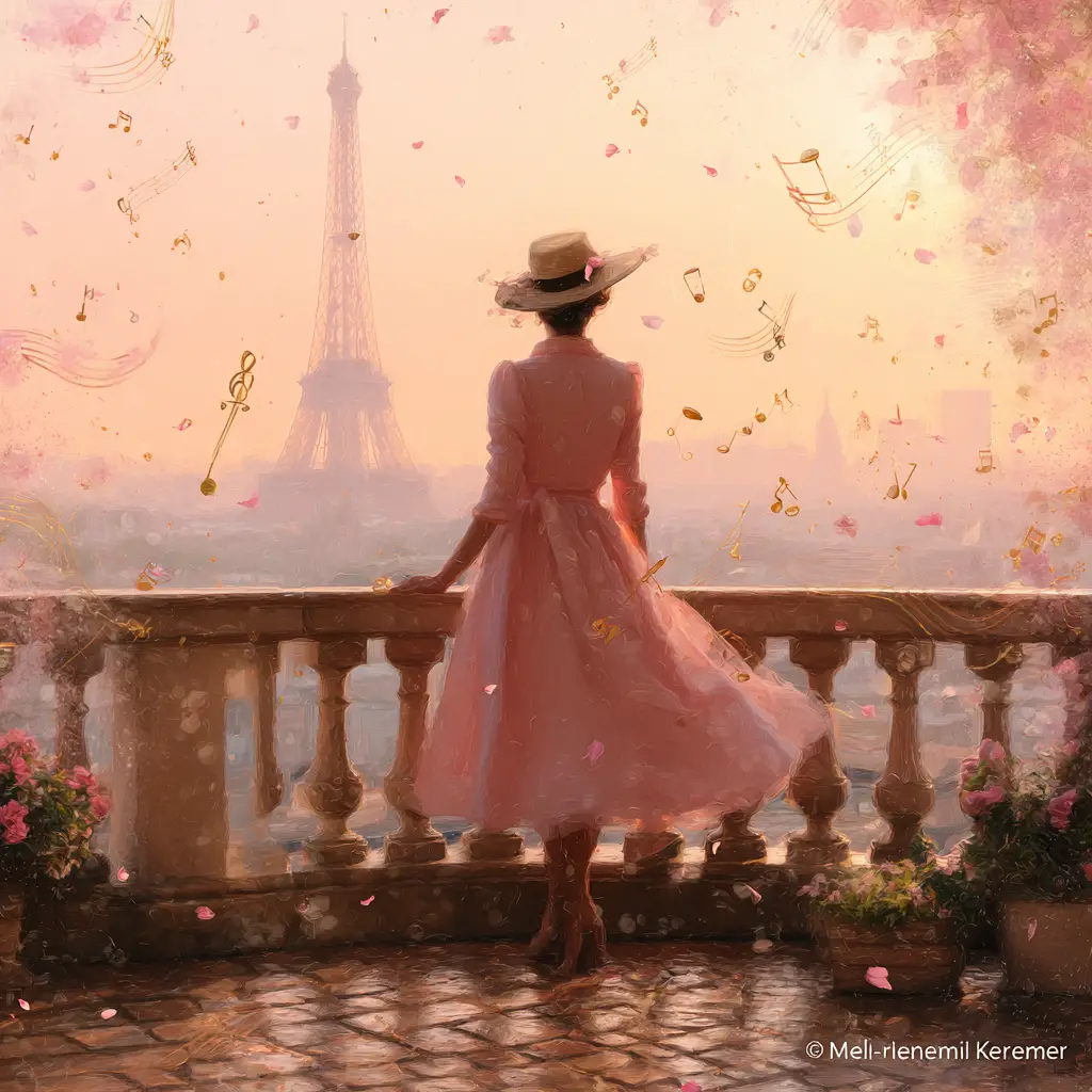 Elegante donna vintage su balcone parigino al tramonto