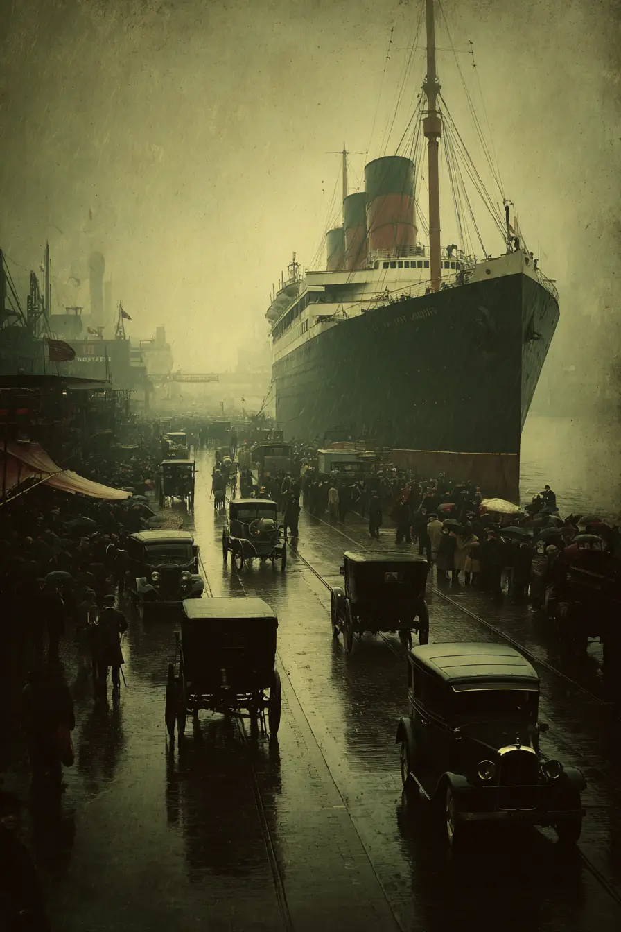 Early 20th century ocean liner leaving a busy harbor