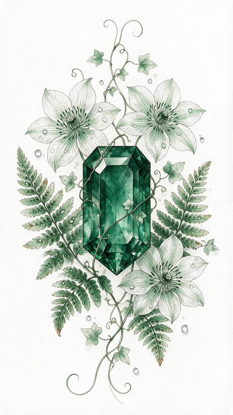 Vertikales botanisches Tattoo mit Smaragd-Kristall und Blumen