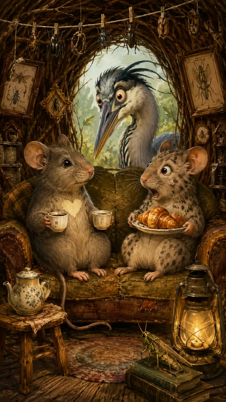 소박한 나뭇가지 집 소파 위의 기 whimsical 한 생쥐들
