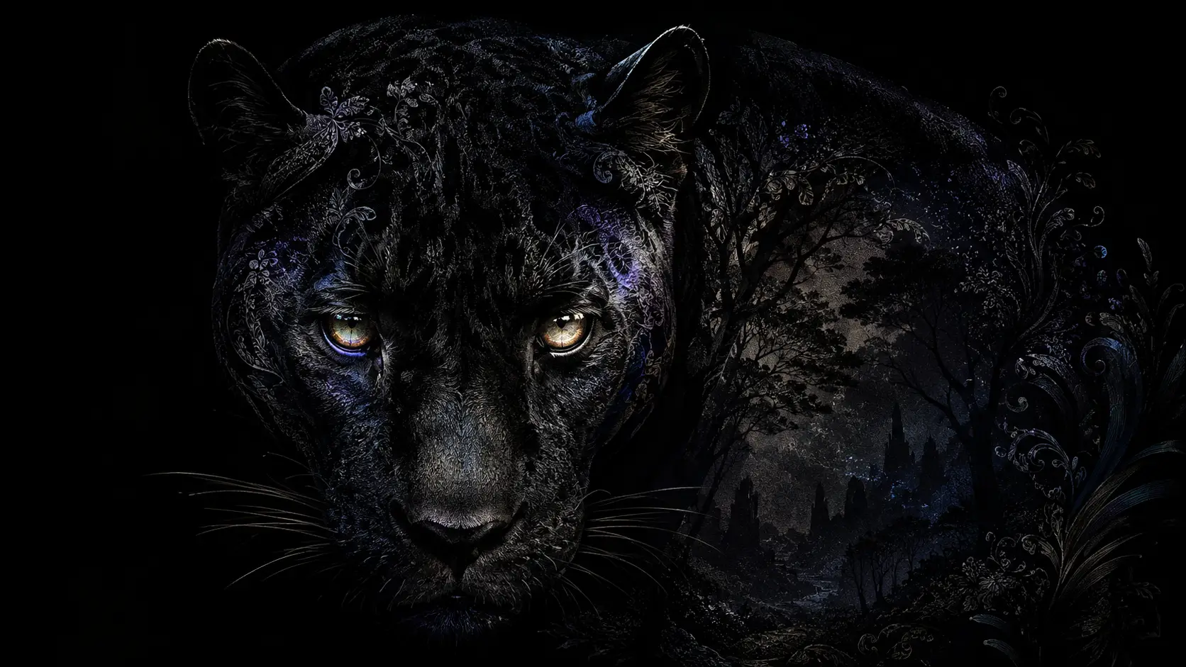 Schwarzer Panther-Porträt aus der Dunkelheit mit leuchtenden Augen