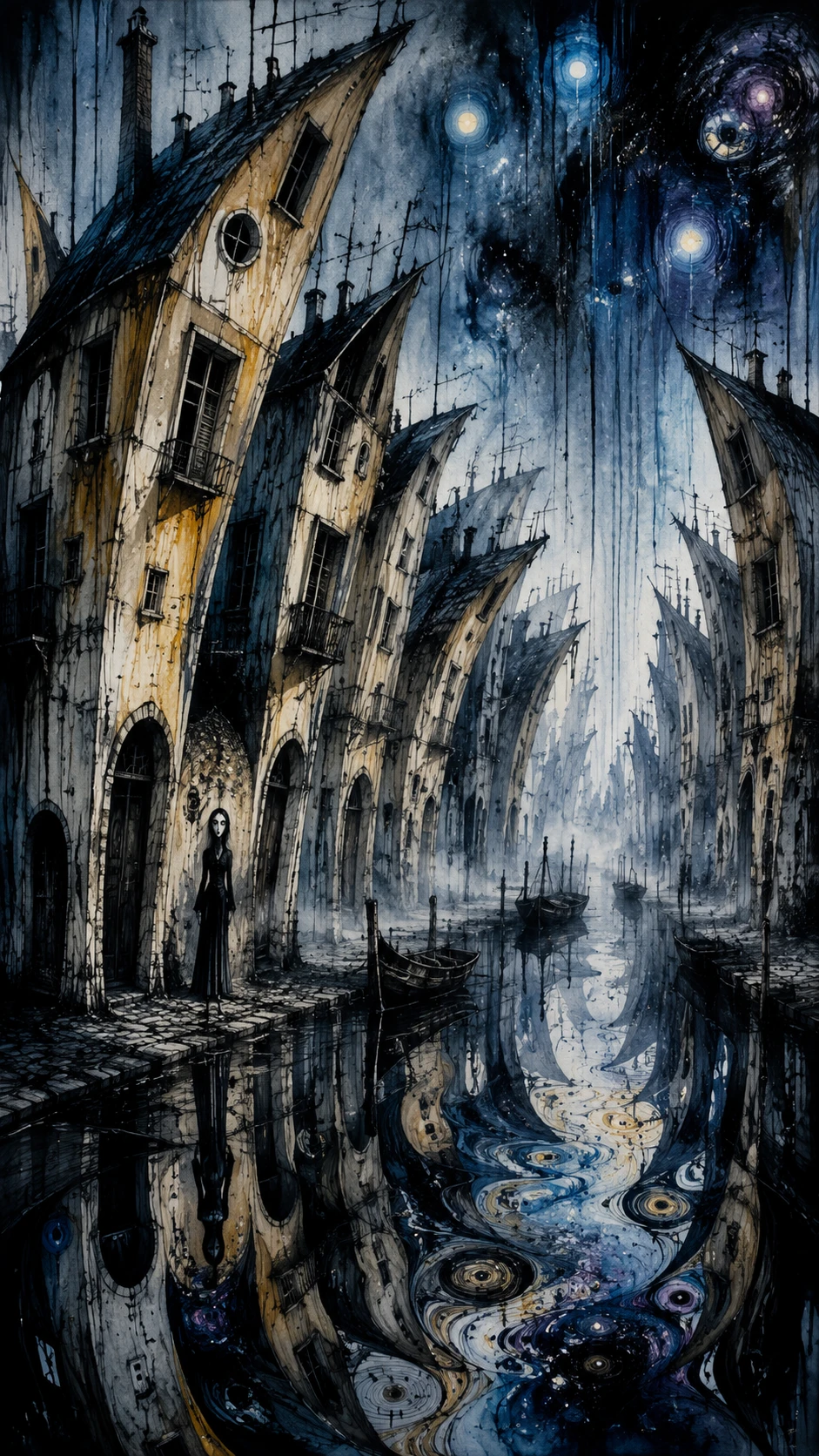 Surreal canal houses bending over dark viscous water