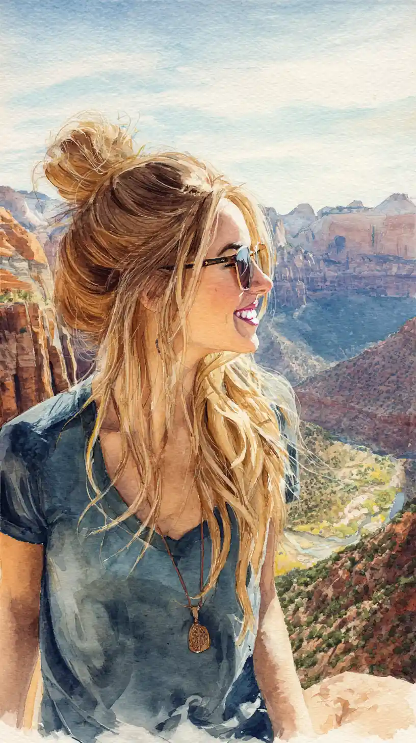 Ritratto ad acquerello di una donna sorridente sopra montagne del canyon