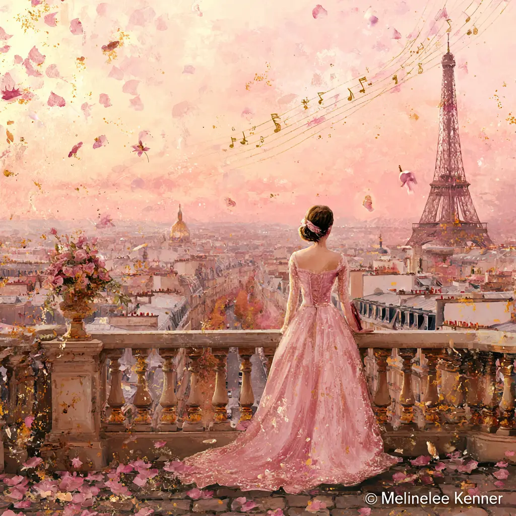 Elegante donna su balcone di Parigi nel bagliore rosato del tramonto