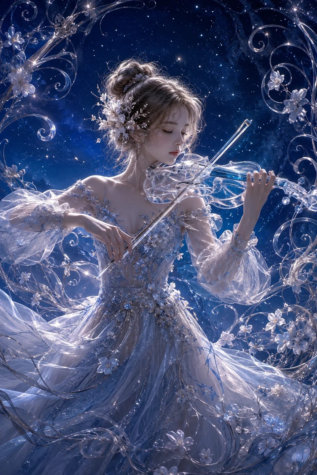 Garota etérea tocando violino de vidro sob o céu azul estrelado
