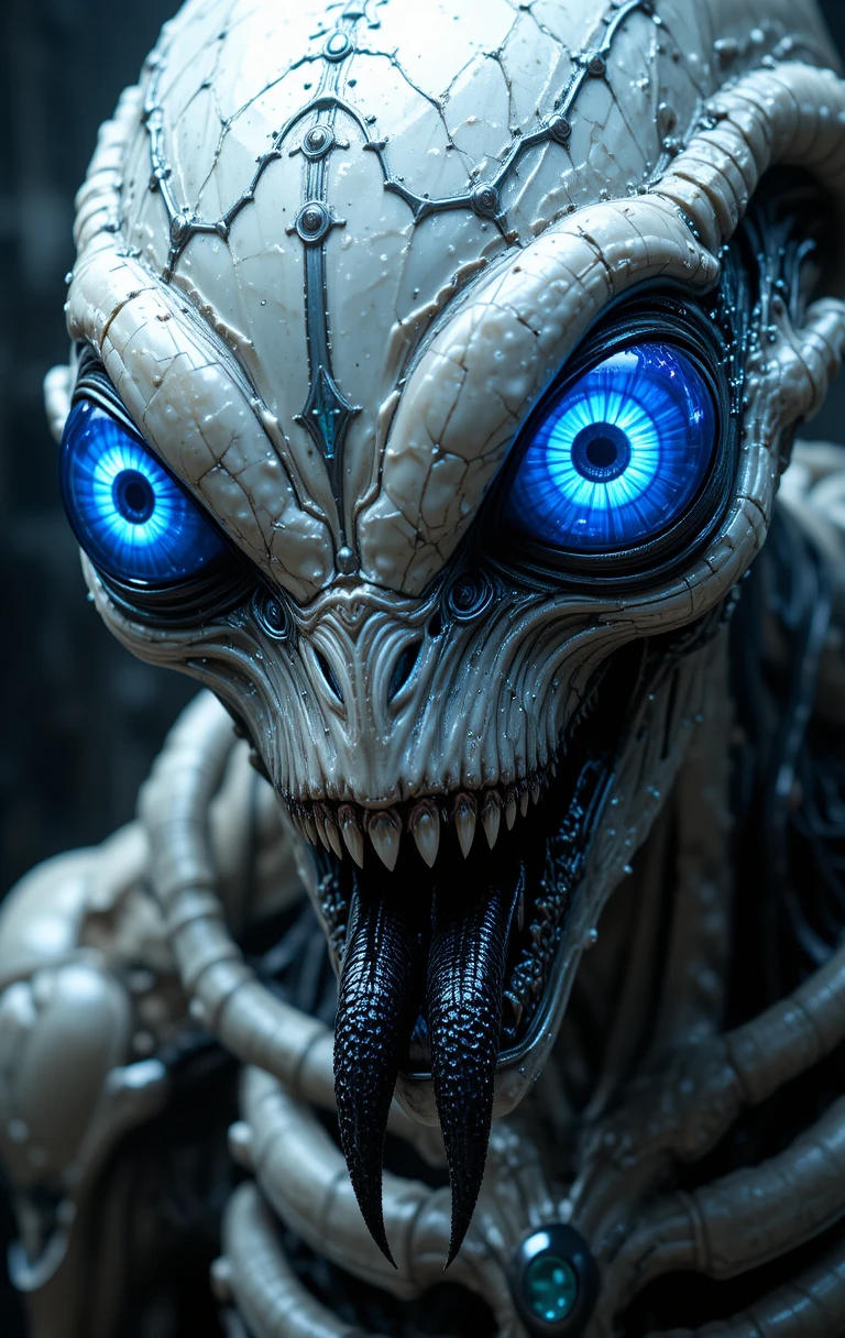 Monstro alienígena horrendo com pele metálica e olhos azuis