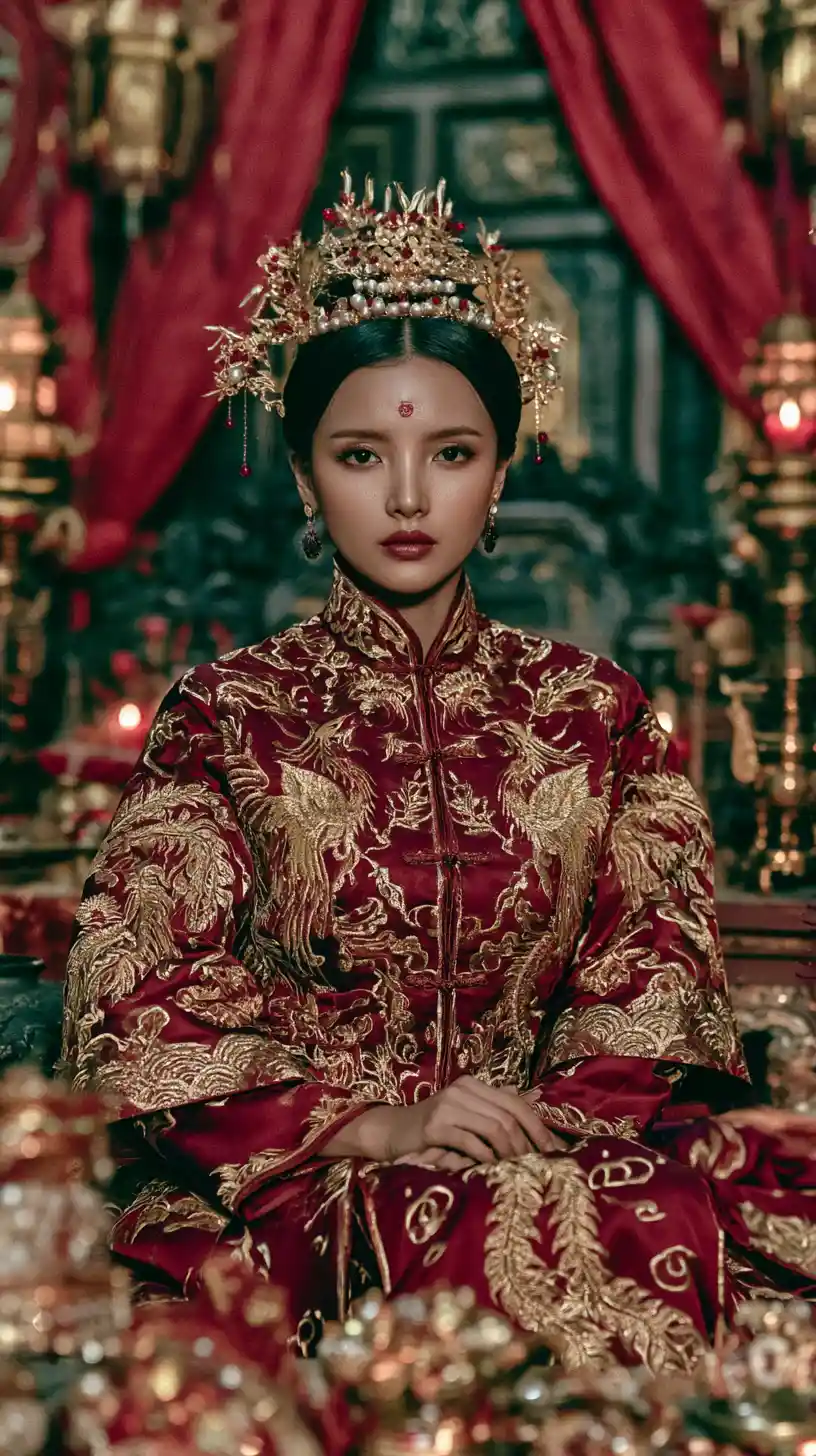Nobre mulher chinesa antiga em retrato de palácio com seda vermelha