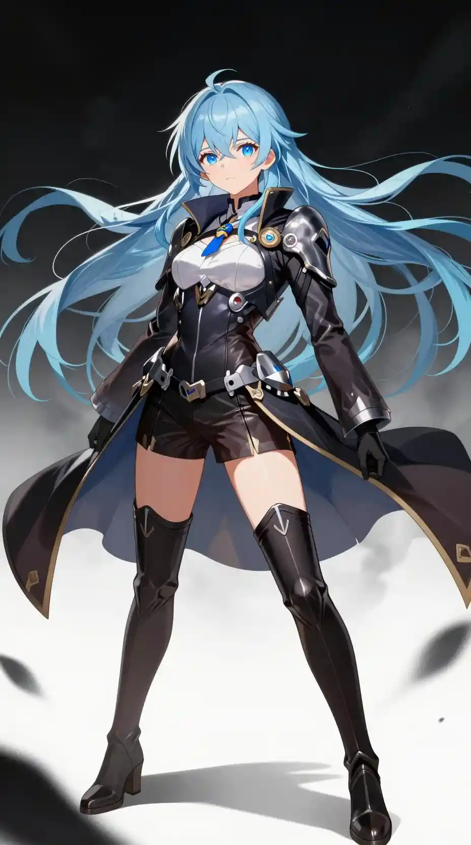 Héroïne d’anime confiante en combinaison blindée élégante et manteau