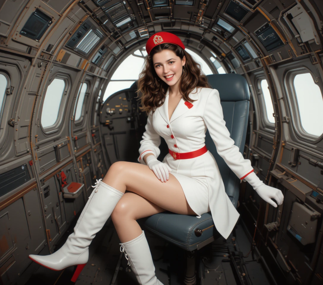 Woman seated in vintage DC 3 aircraft cockpit