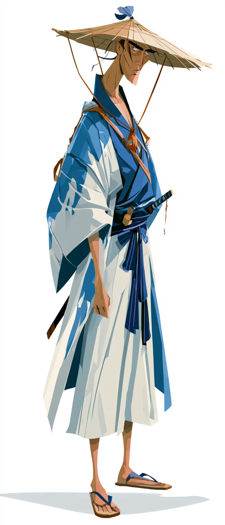 Guerriero samurai cartoon con tunica blu e bianca e cappello di paglia