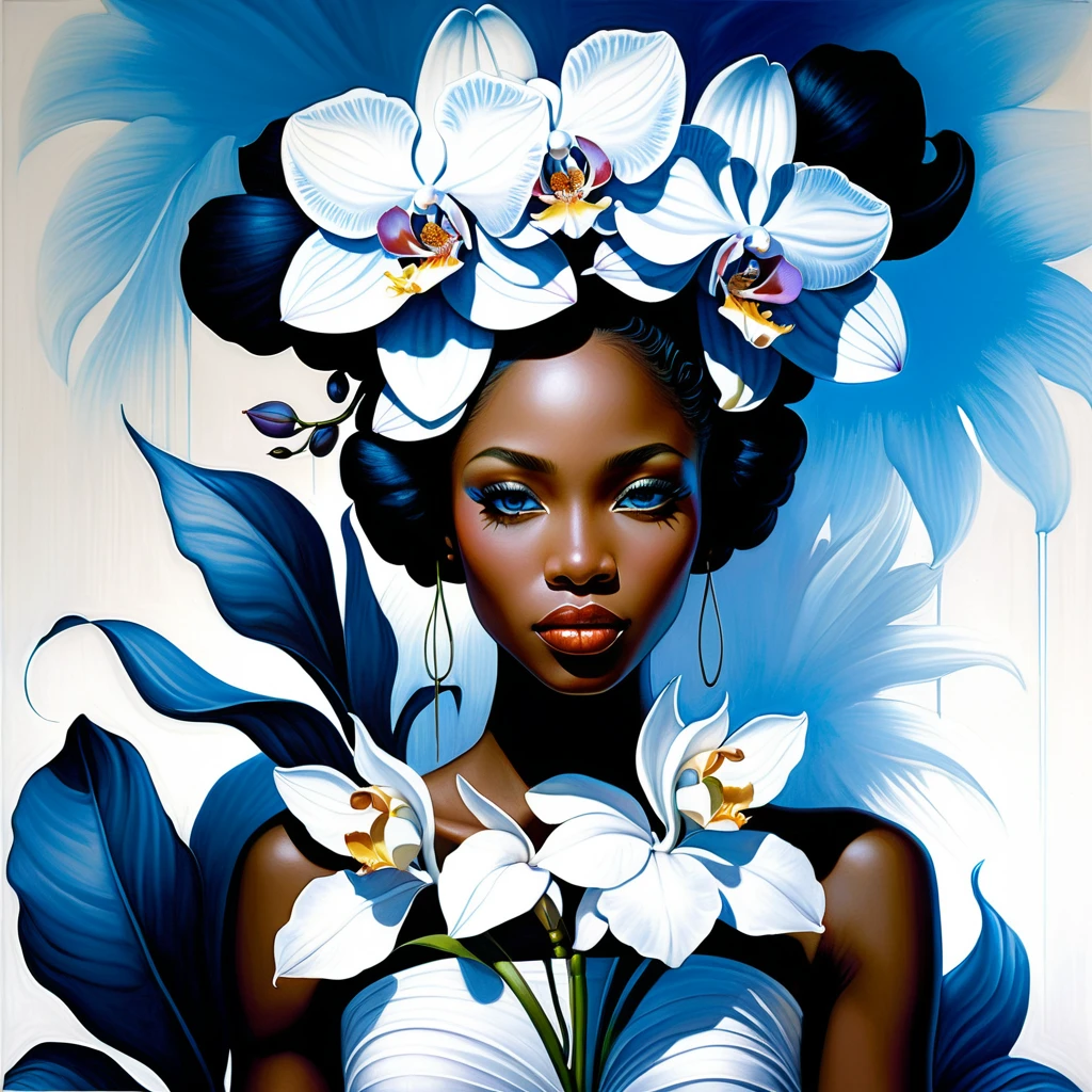 Retrato surreal de uma mulher coroada com flores de orquídeas brancas