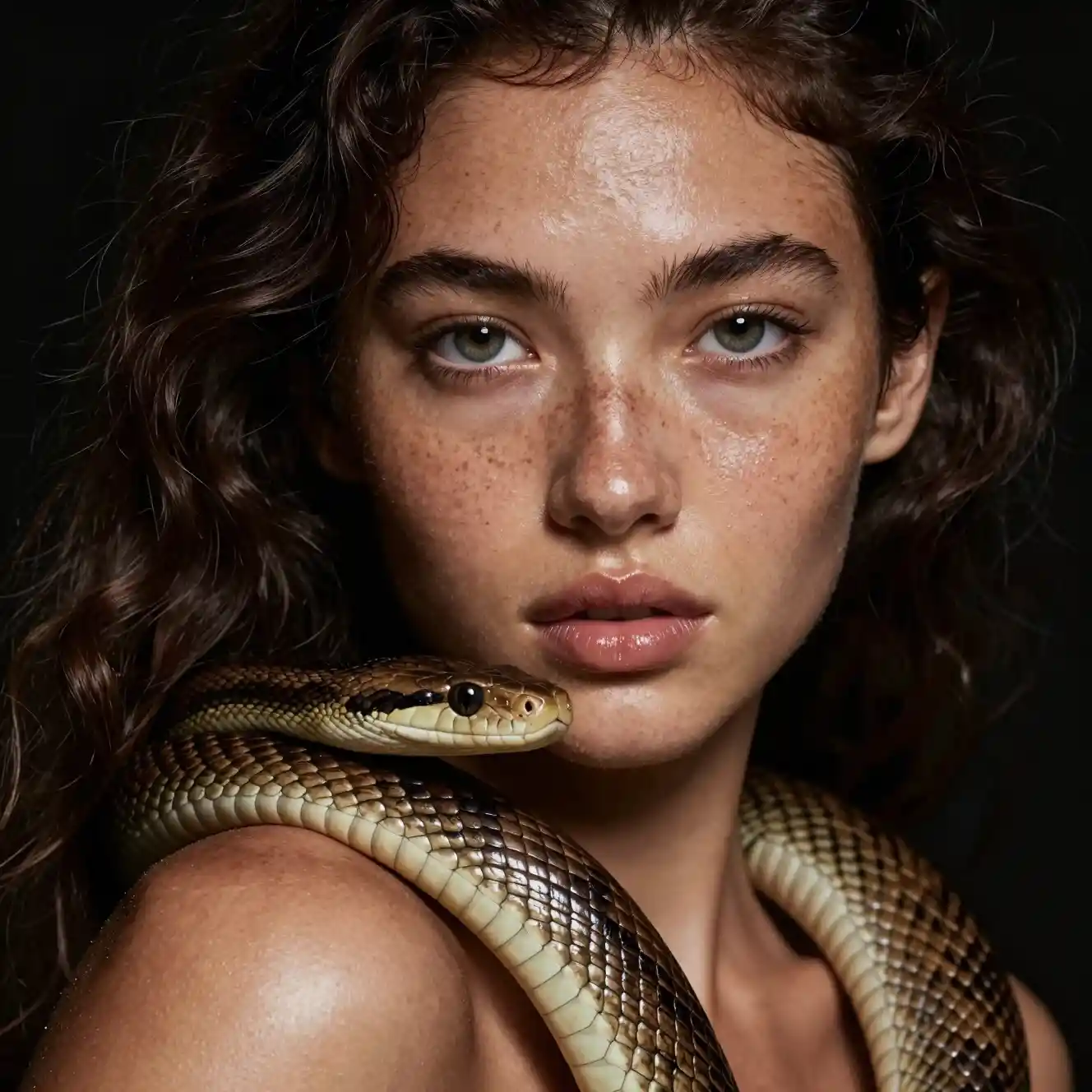 Donna lentigginosa bagnata in primo piano con un serpente attorno al collo