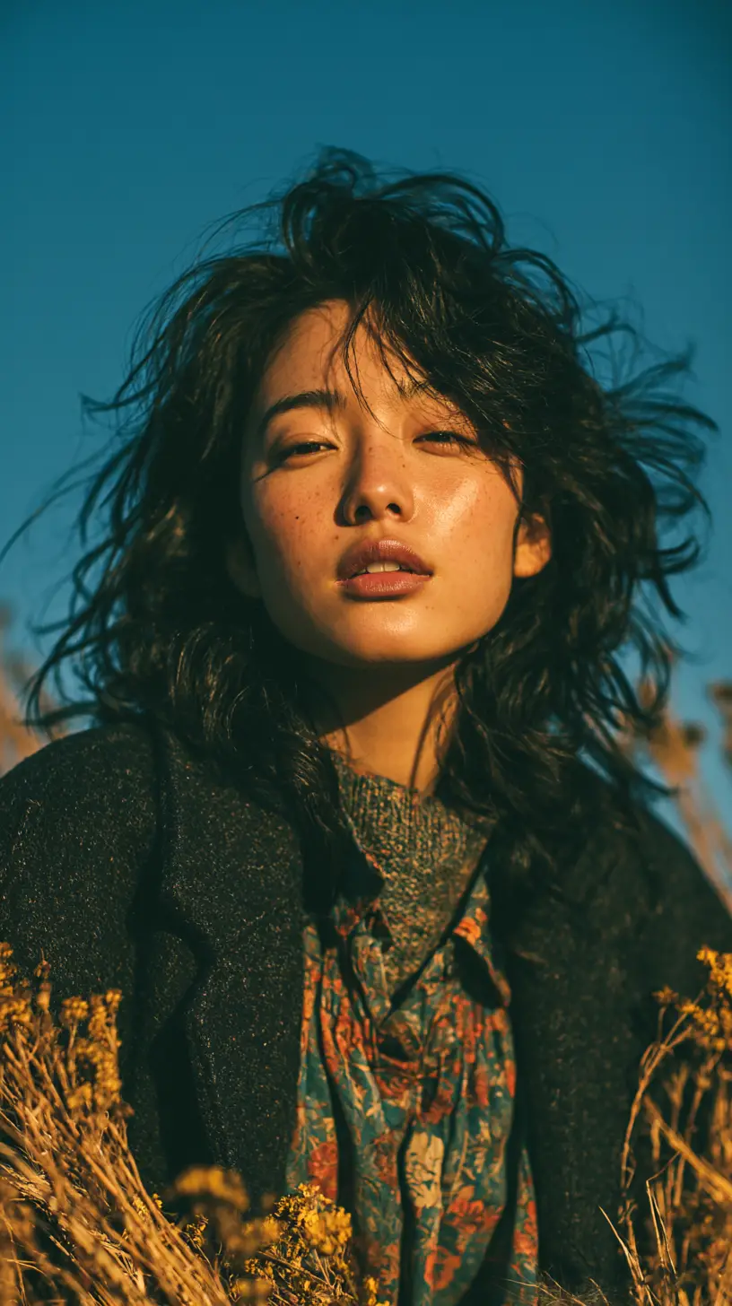 蔚藍晴空下野花草地中的年輕女子