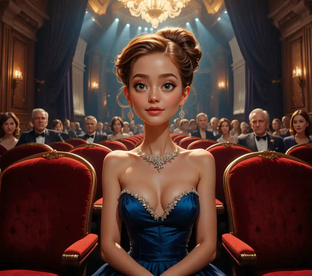 Jeune femme en robe de soirée bleue dans un théâtre élégant