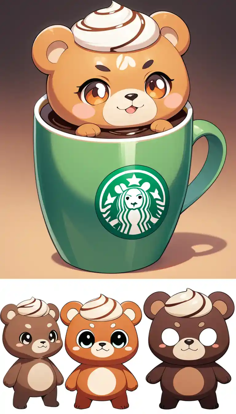 Mascotte orso del caffè sicura di sé con latte freddo allo zucchero di palma