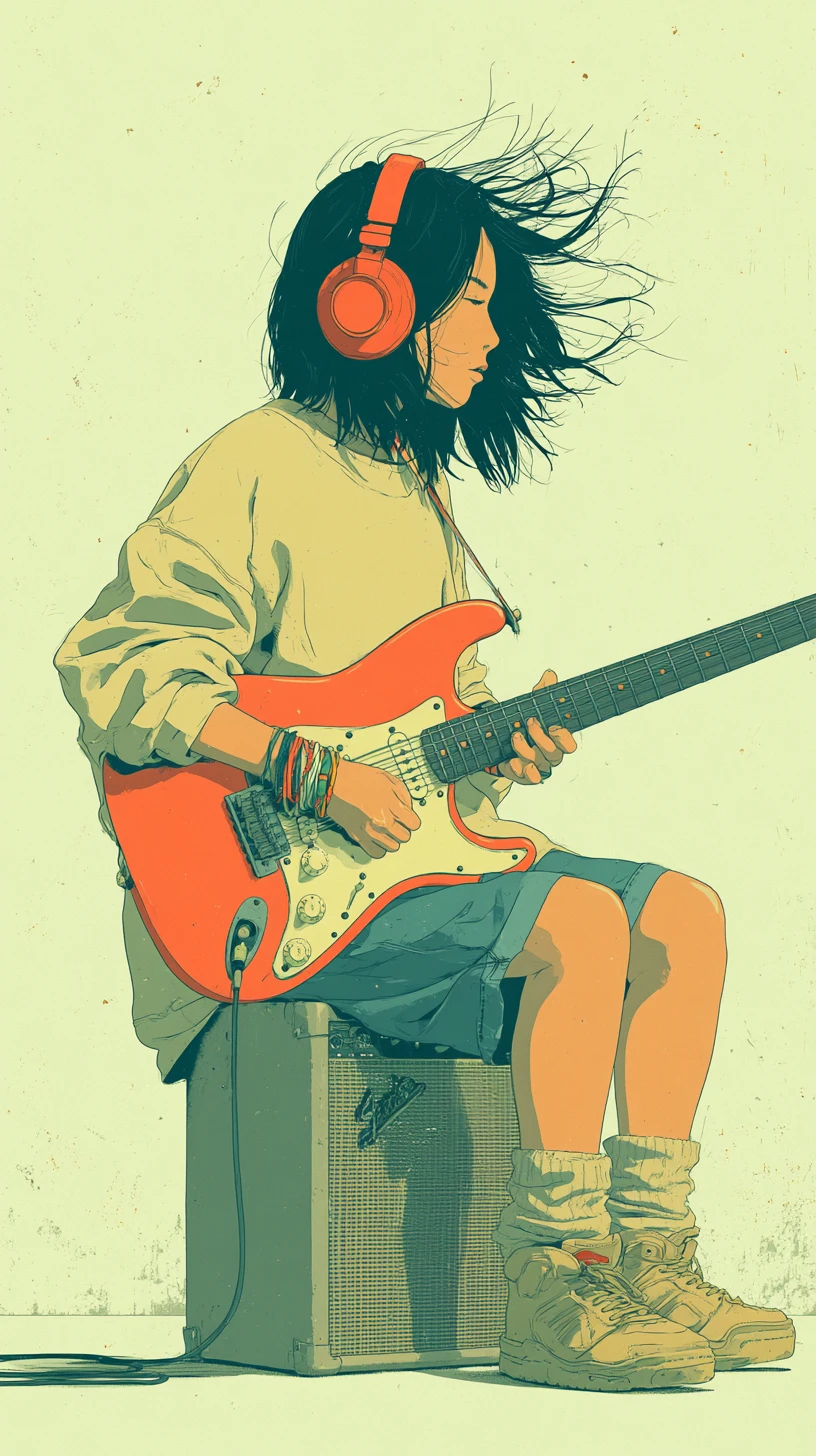 Chica de anime con estilo tocando guitarra eléctrica sobre un amplificador vintage