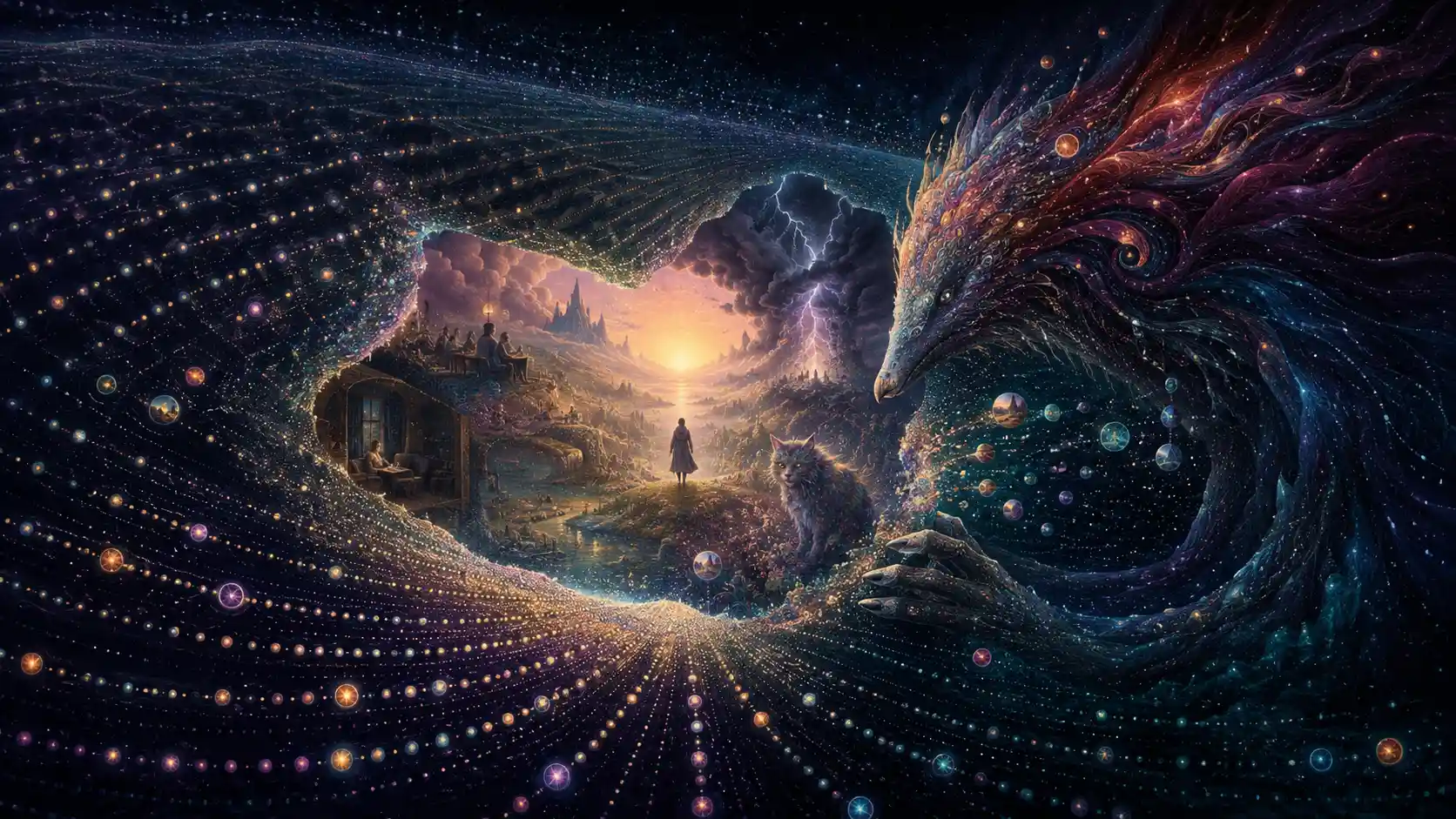 Surreal glowing landscape of time with a void