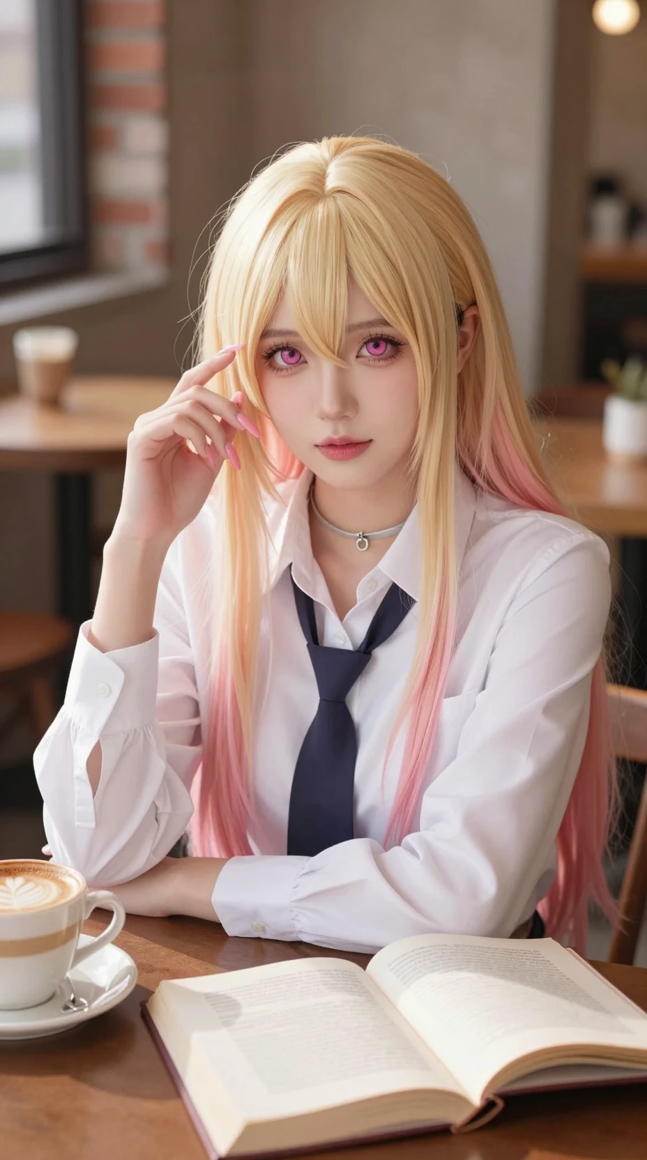 Blonde girl in cafe with books and meal at table