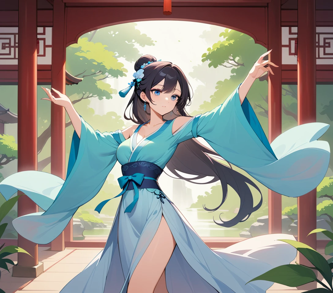 Elegante donna cinese che danza all'aperto in un hanfu fluente