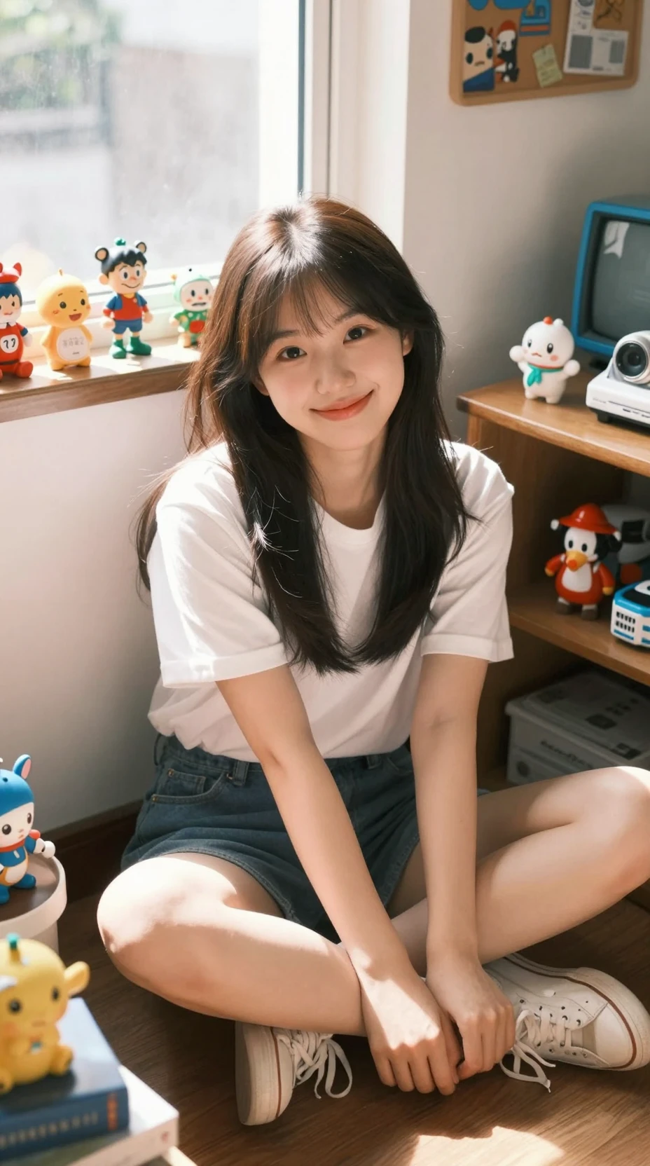 Jeune fille souriante dans une chambre otaku baignée de soleil