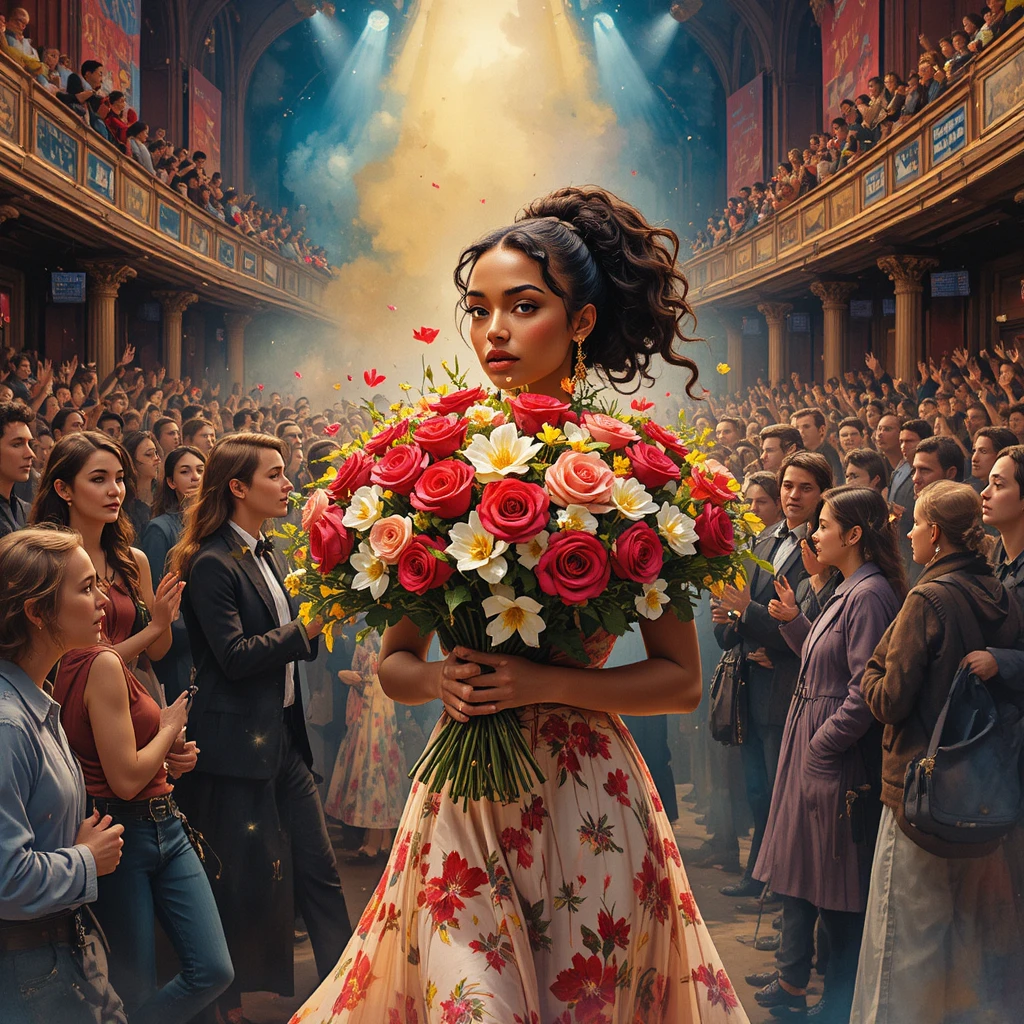 Jovem mulher com flores atravessando a multidão de um show
