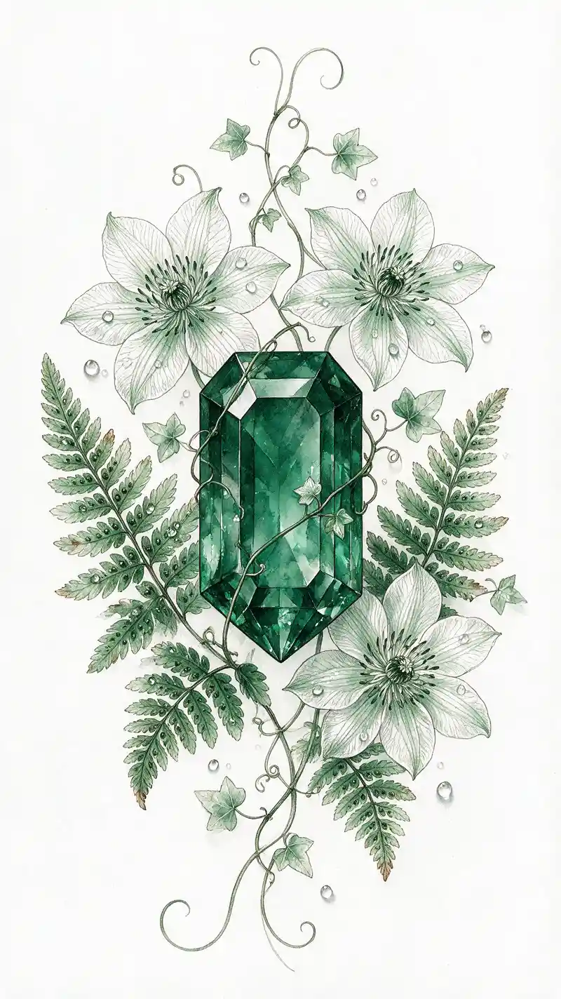 Vertikales botanisches Tattoo mit Smaragd-Kristall und Blumen
