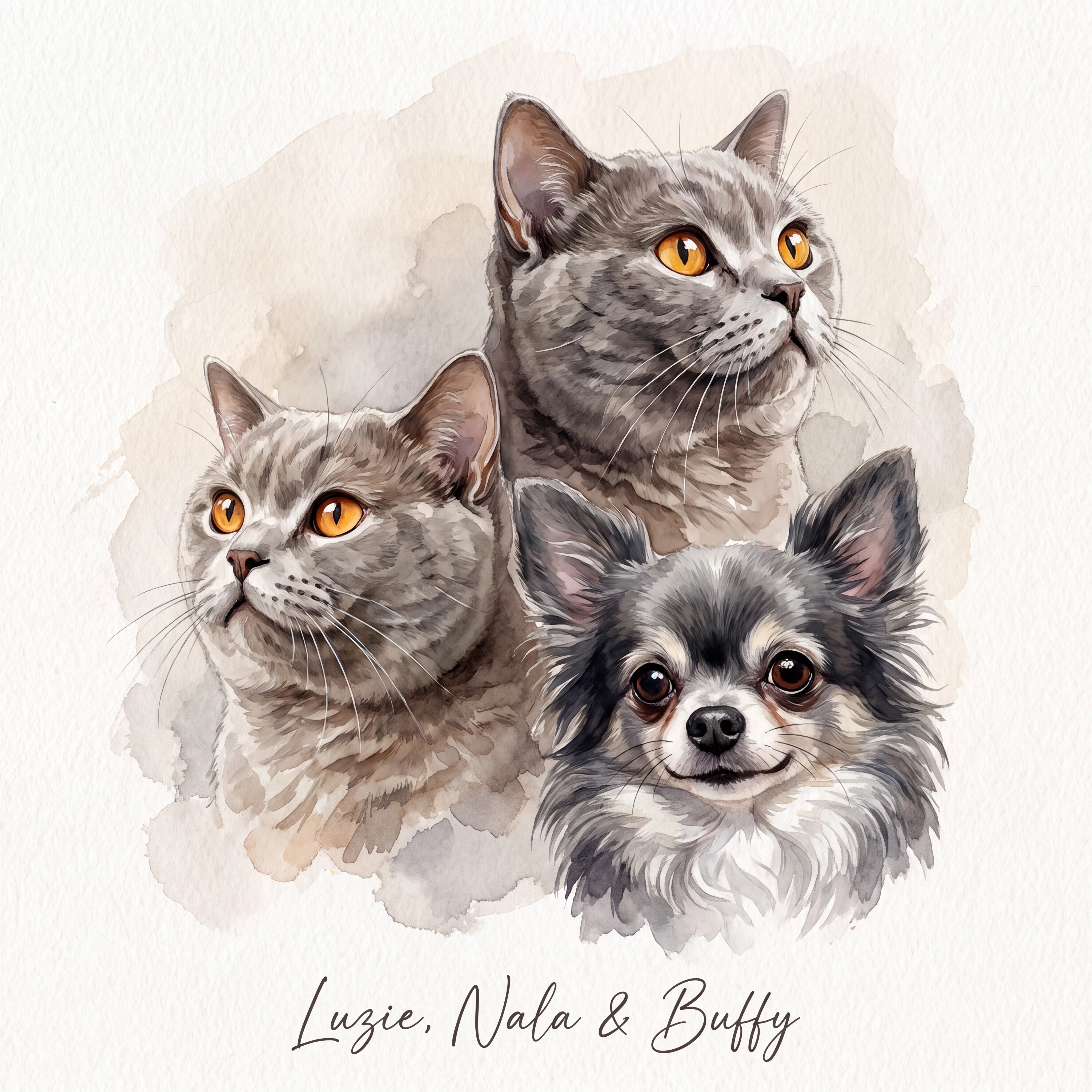 Retrato em aquarela de três gatos amorosos em estilo fine art suave