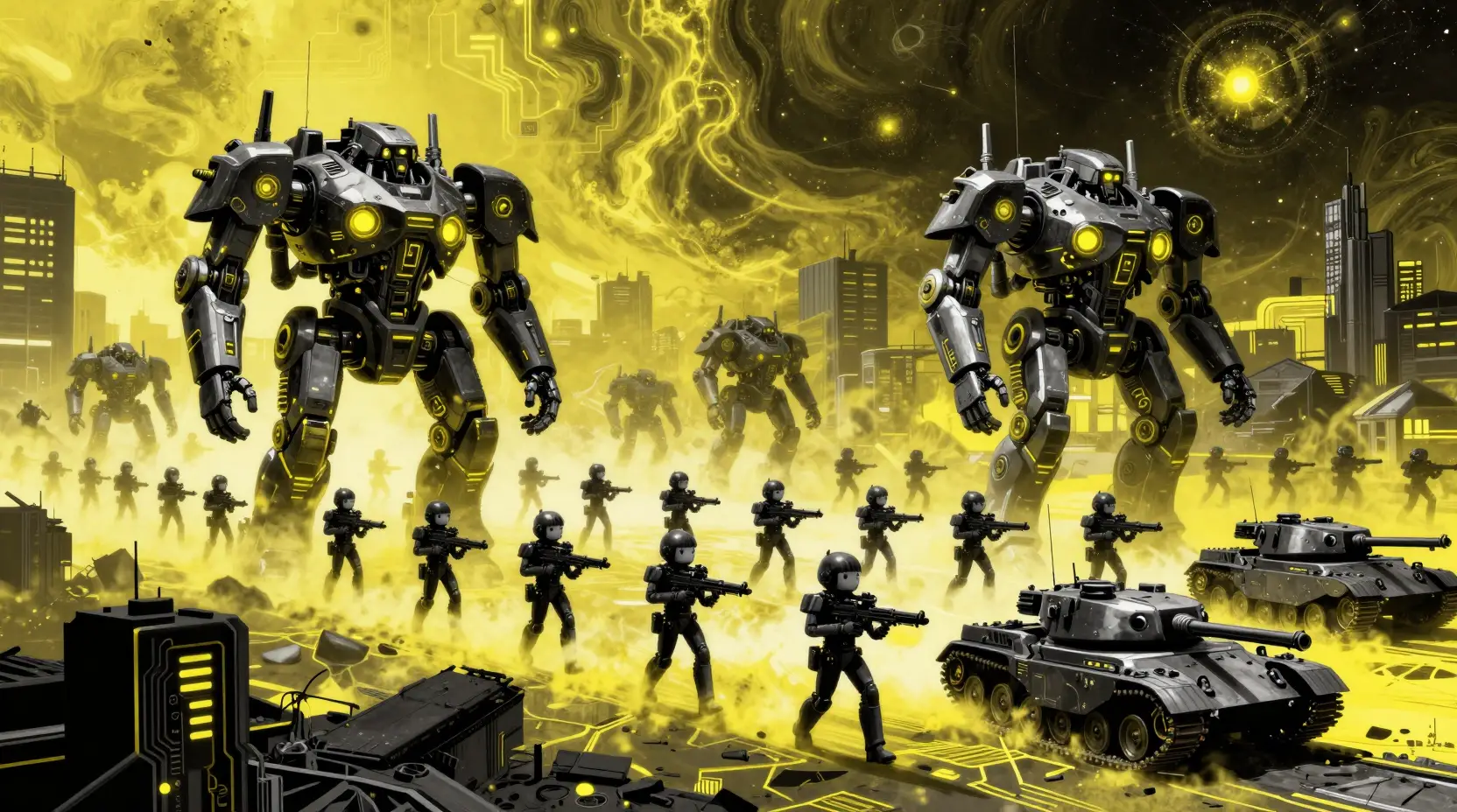 Armored tanks and mechs patrolling a ruined sci fi city