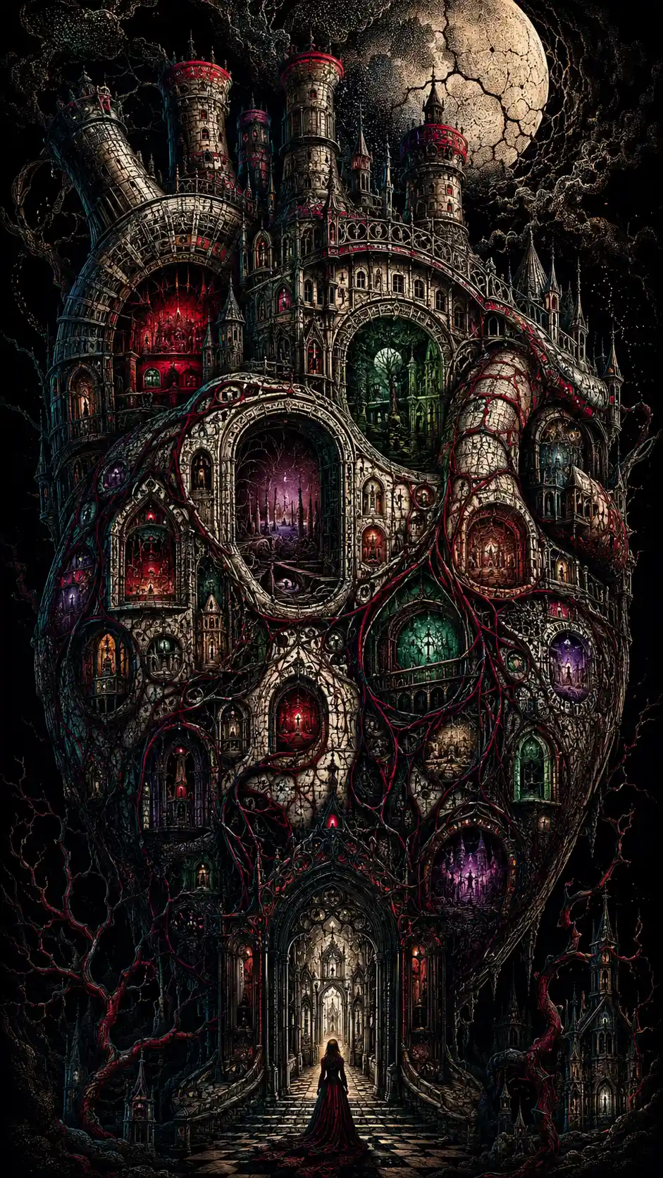 Gothic heart shaped mansion under a fractured moon