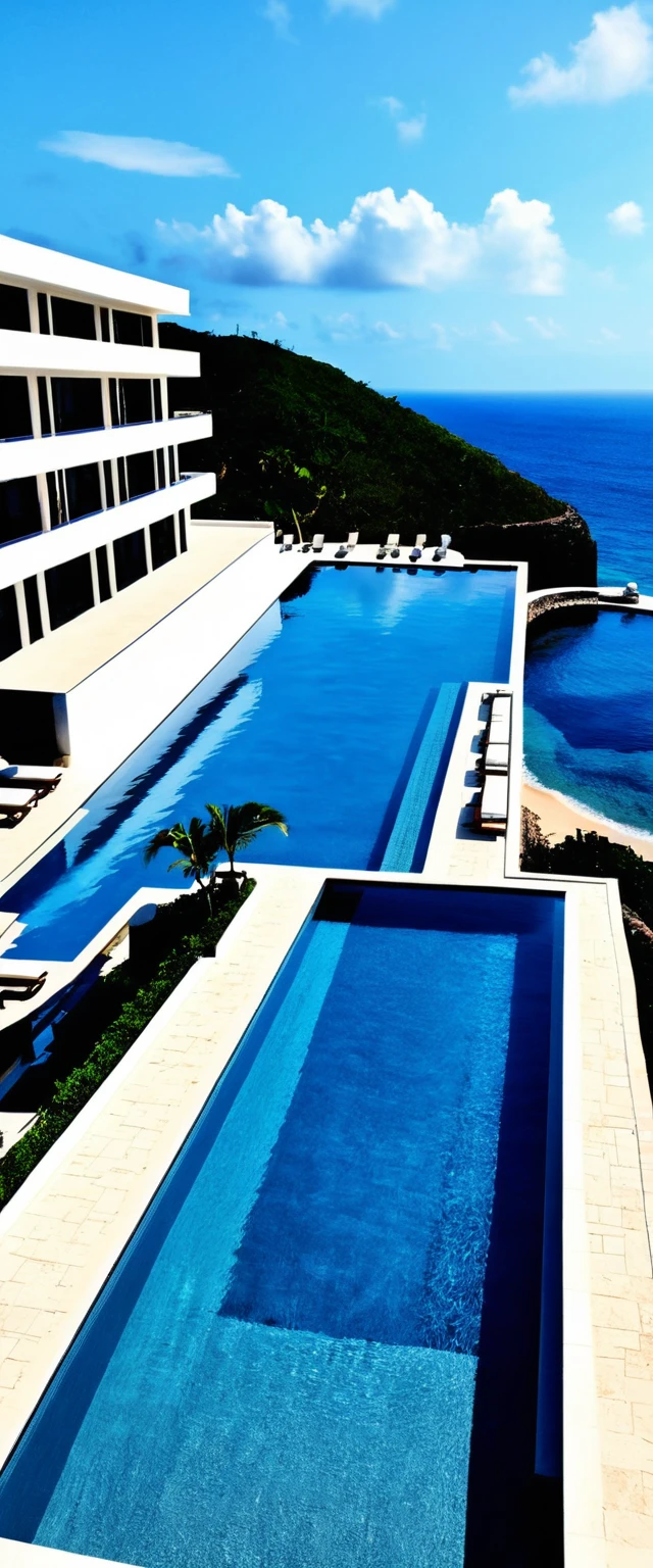 Resort de praia moderno com piscina e vista por janelas abertas