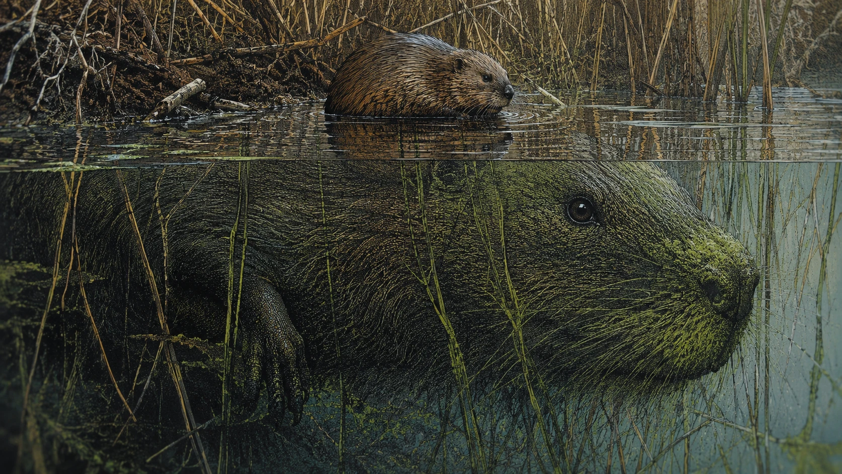 Rata-do-banhado à Beira do Pântano com Imensa Criatura Refletida