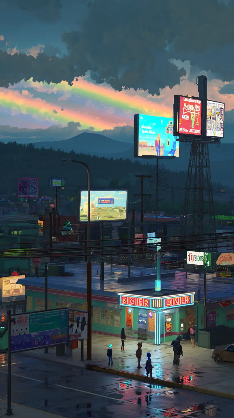 戲劇化都市黃昏中的新復古像素餐館場景