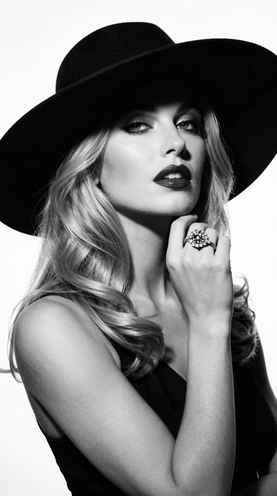 Mulher glamourosa com chapéu de aba larga em retrato em preto e branco