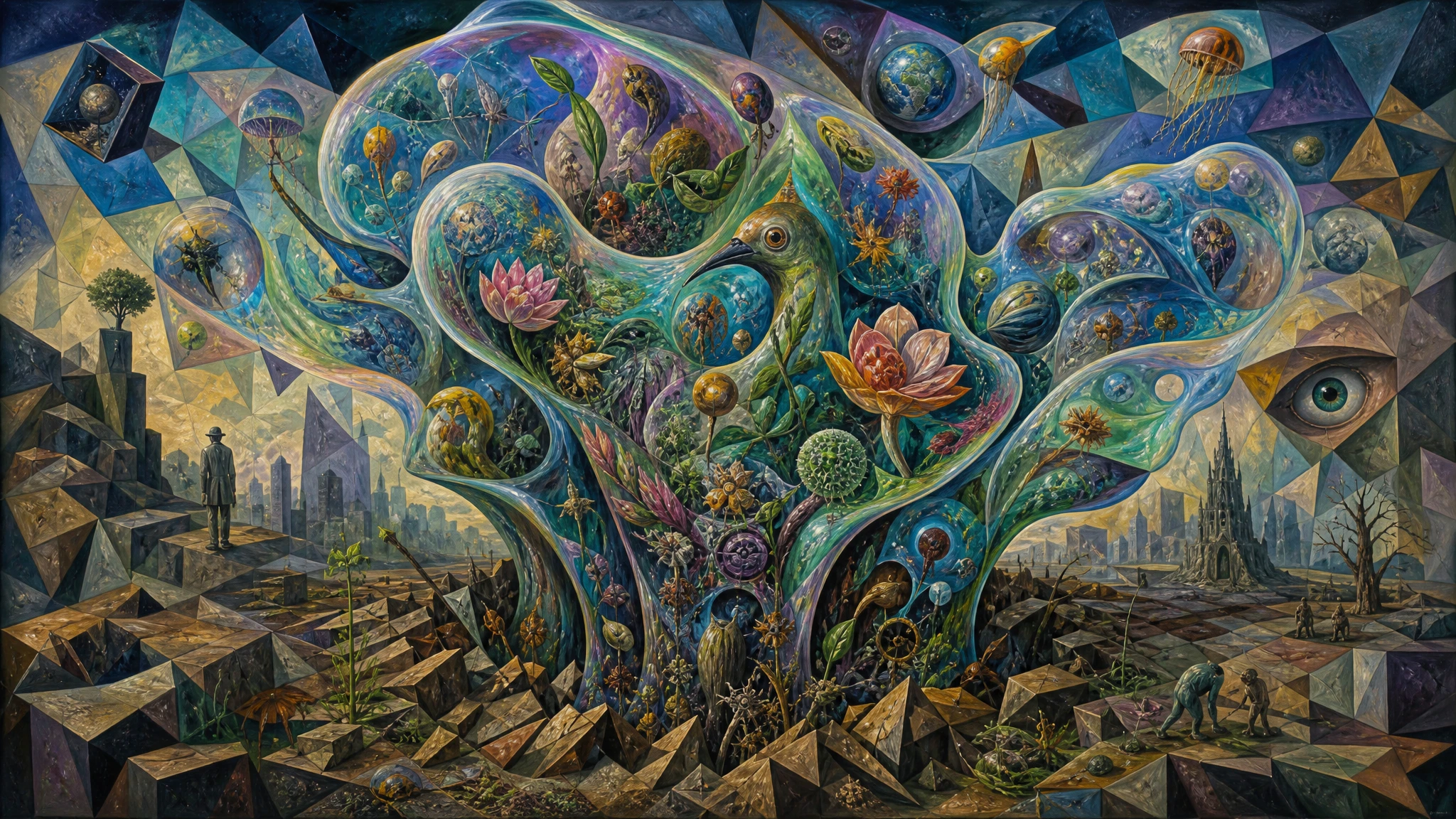 Geleia surreal irrompendo da terra em visão cubista a óleo