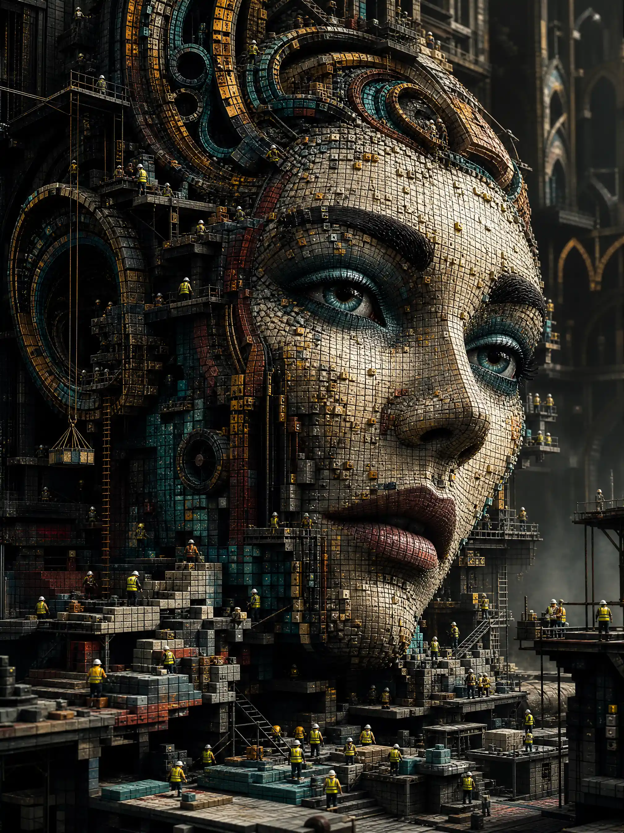 Rosto feminino surreal construído com minúsculos cubos coloridos