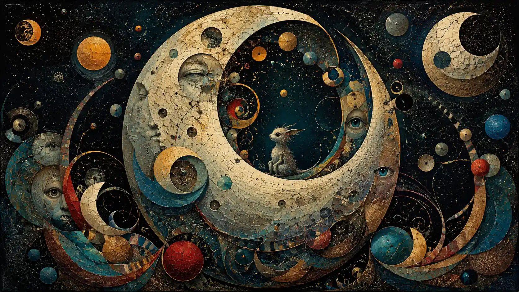 Luna surreal fracturada con rostros ocultos en el espacio cósmico