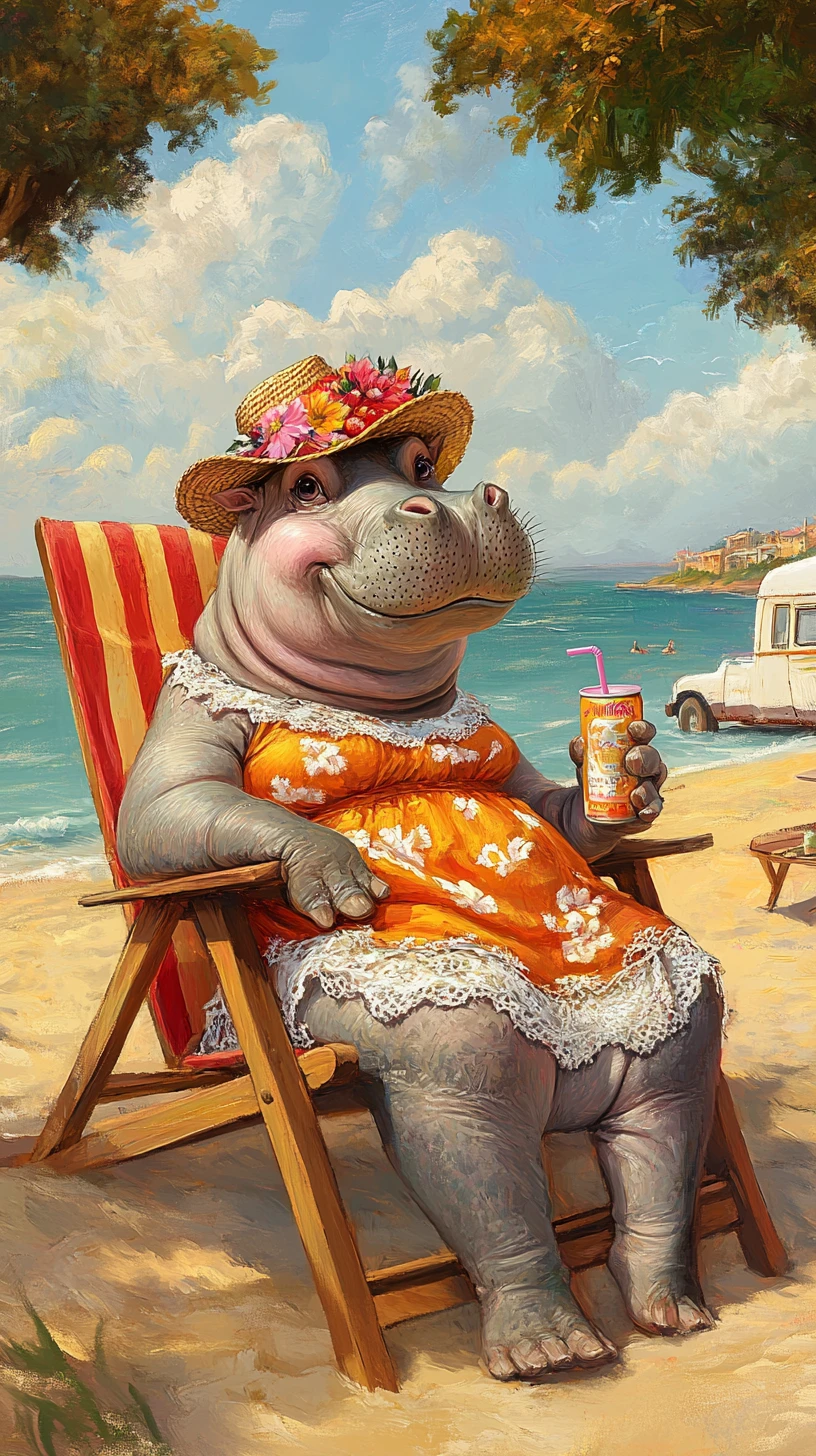 Ippopotamo antropomorfo che si rilassa in un campeggio sulla spiaggia soleggiata