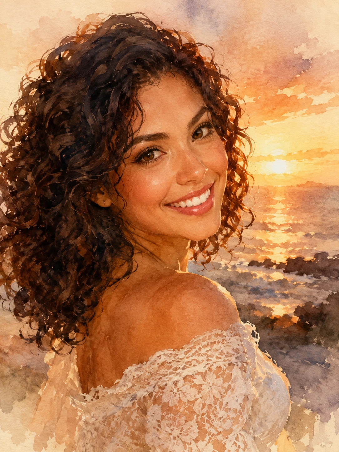Retrato em aquarela de uma mulher hispânica sorridente na praia ao pôr do sol