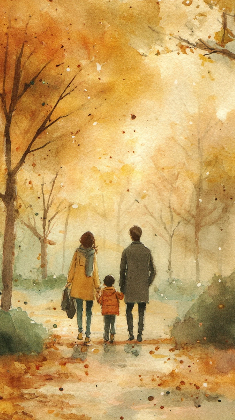 Herbstlicher Familienspaziergang auf einem mit Laub bedeckten Parkweg