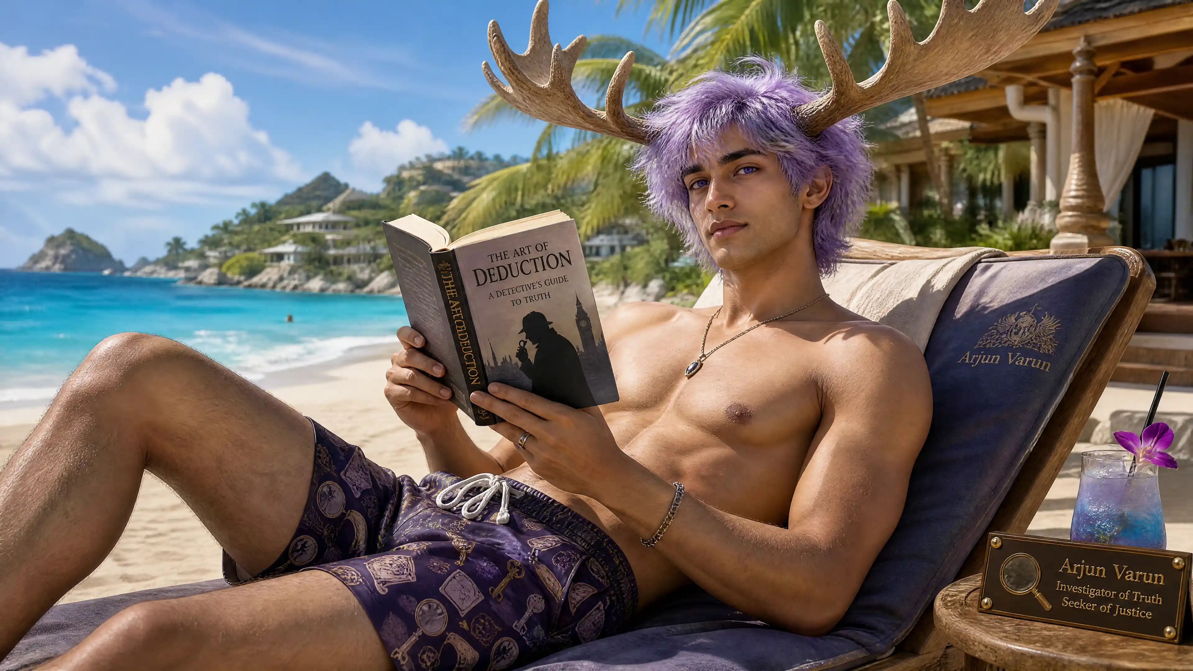 Homme fantastique lisant sur une chaise longue à la plage tropicale