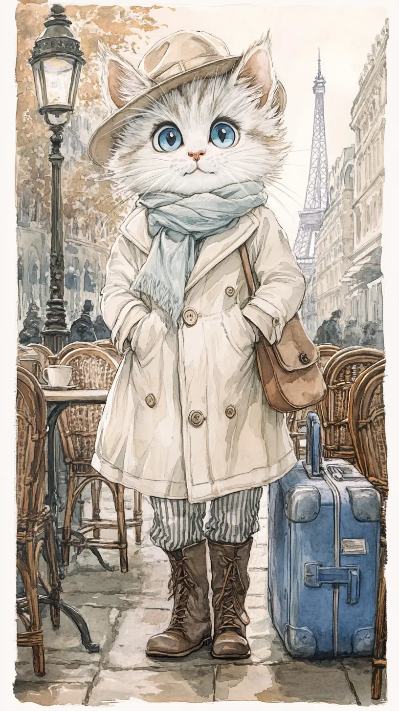 Stylish anthropomorphic kitten at a Parisian street cafe