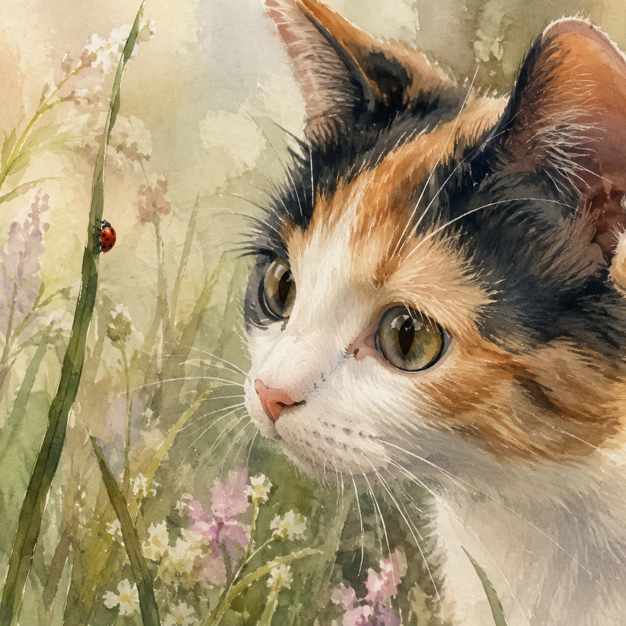 Aquarela em close de um gato malhado observando uma joaninha