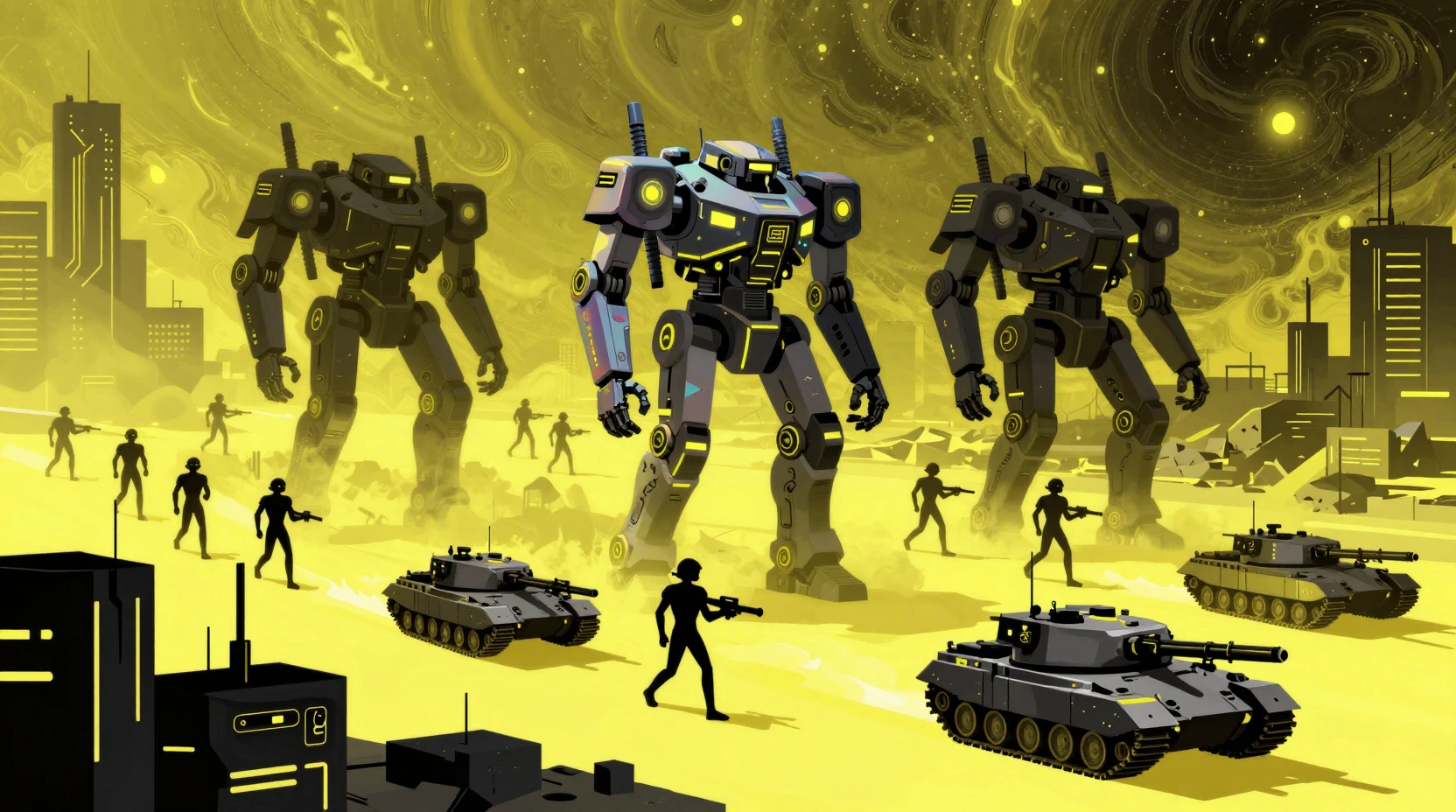 Futuristic super soldiers and mechs in a ruined city