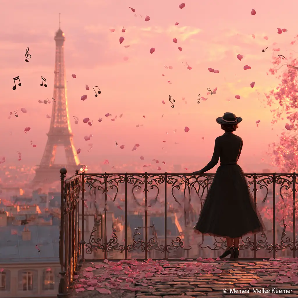 Donna elegante su balcone di Parigi nella morbida luce del tramonto