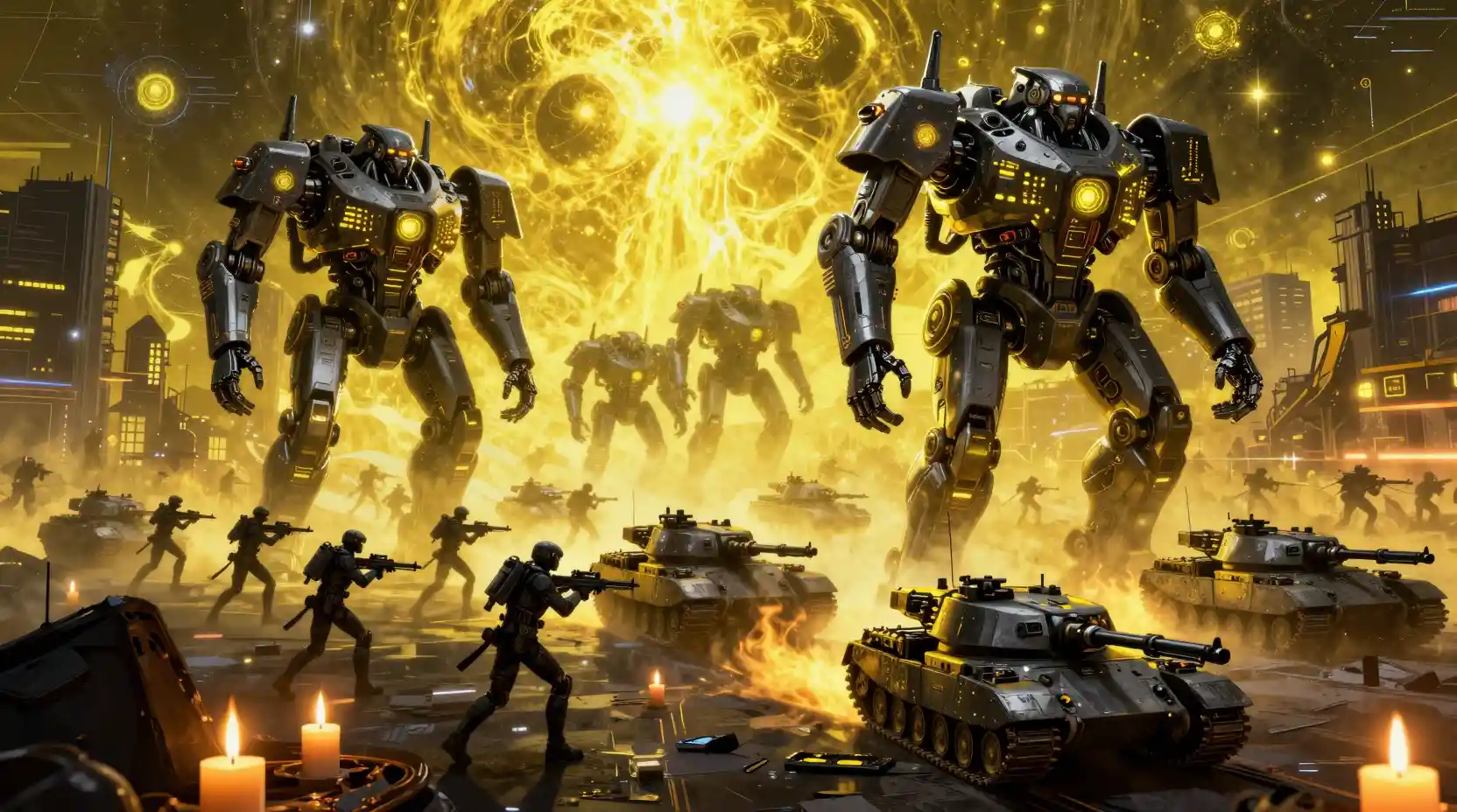 Giant Mechs Patrol A Ruined City In Yellow Neon Light