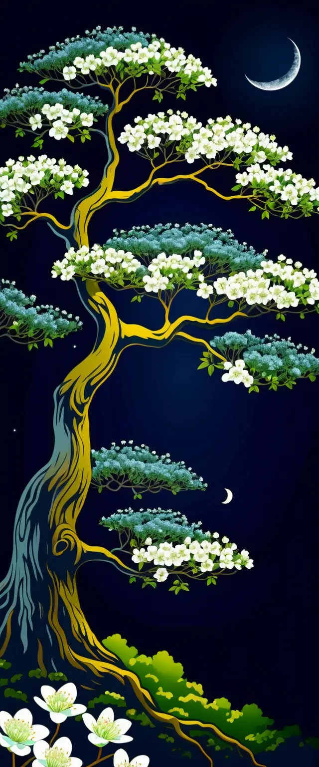 月光下的綠色花樹與深藍背景