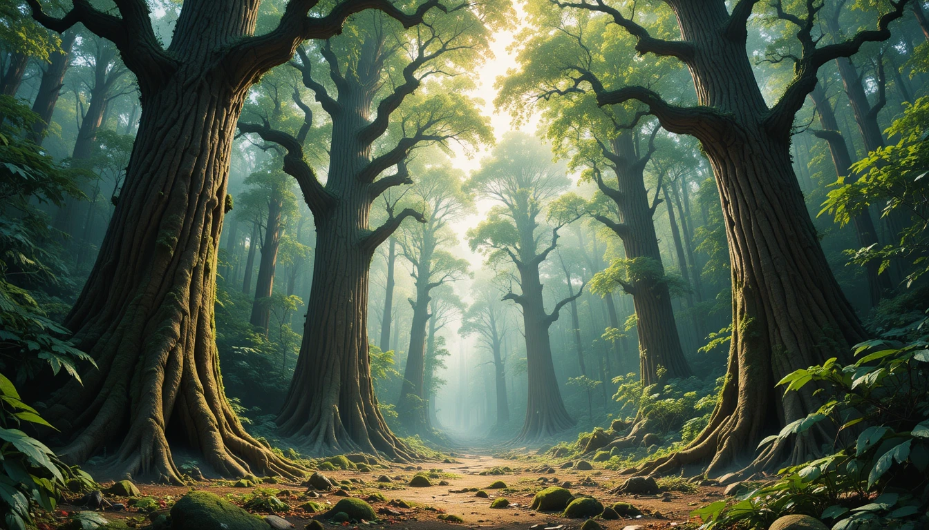 Anciens arbres tortueux dans une profonde forêt enchantée