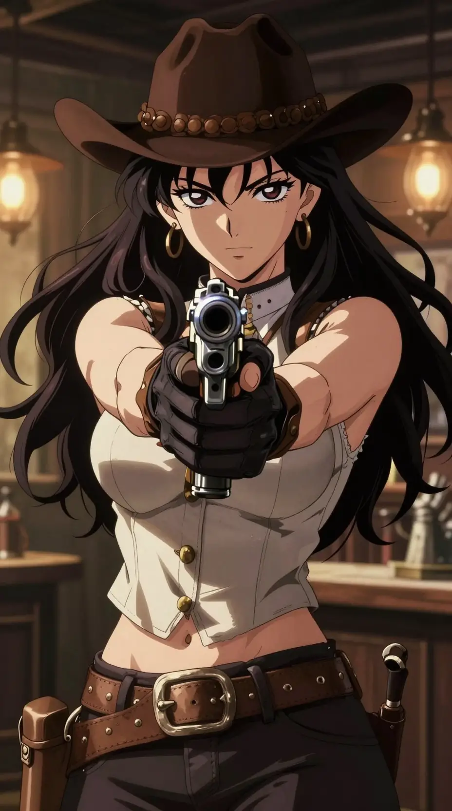 Anime cowgirl aiming a revolver in saloon portrait