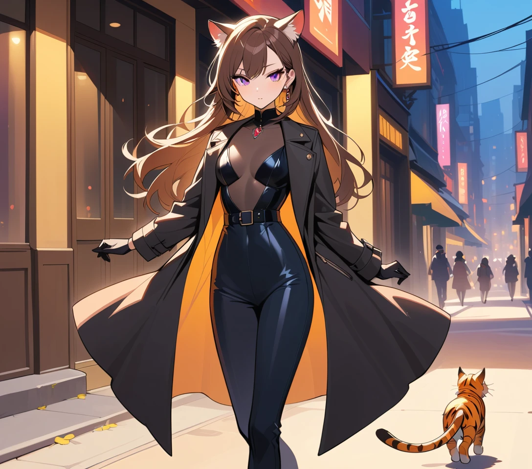 Elegante femme fatale felina em um passeio noturno pela cidade